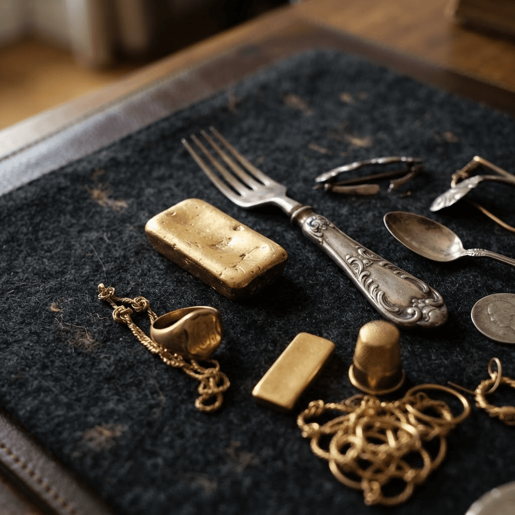 Gold- und Silberobjekte auf dunklem Untergrund