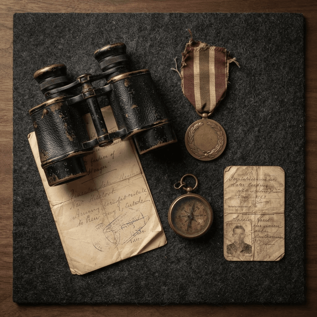 Historische Dokumente, Fernglas und Kompass