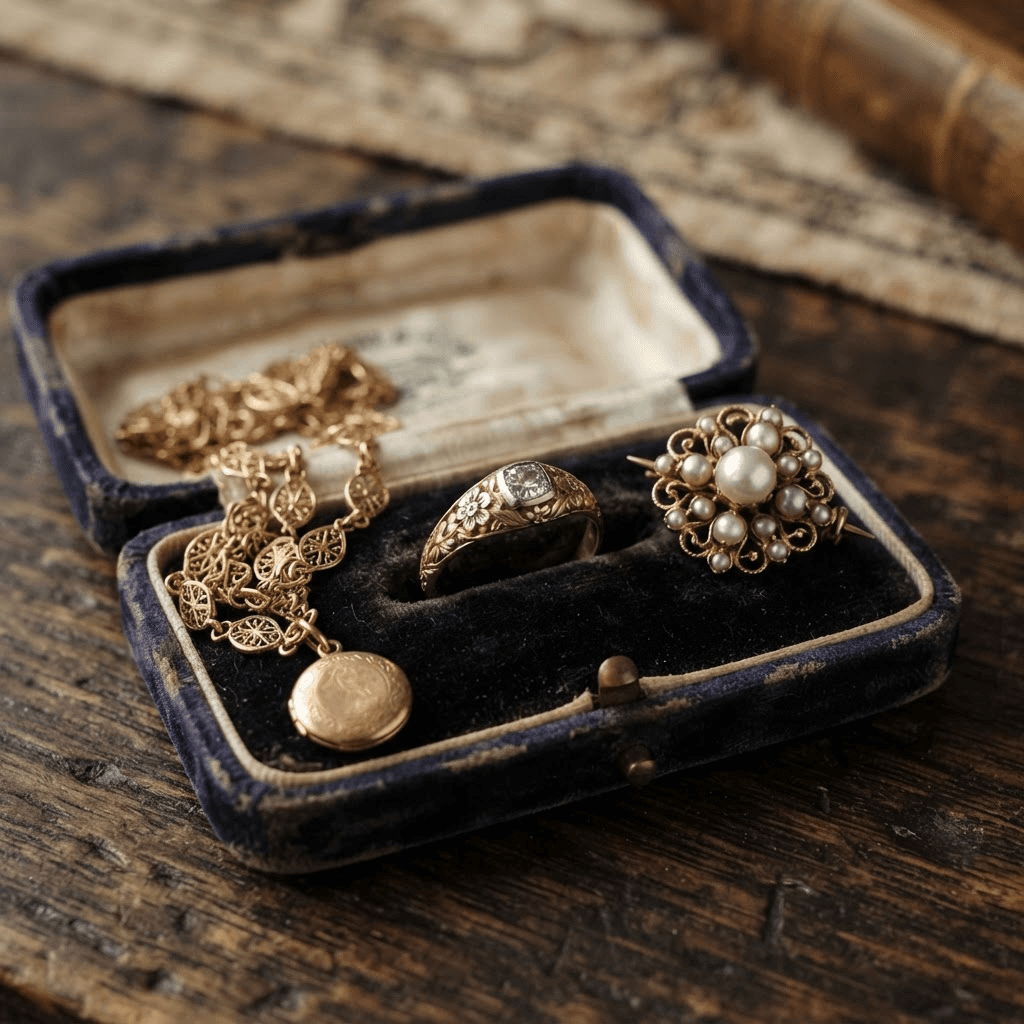 Antiker Schmuck in einem dunklen Samtetui