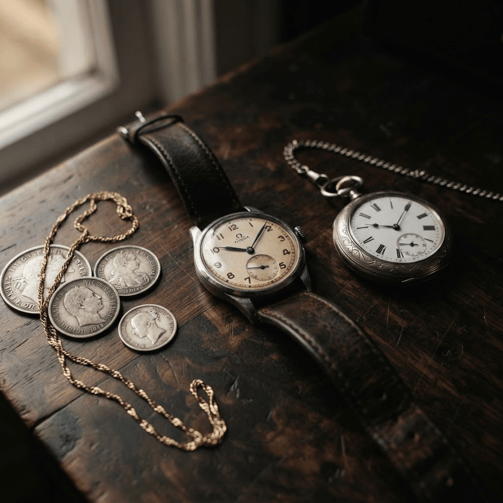 Vintage-Armbanduhr, Taschenuhr, Münzen und Goldkette auf einem dunklen Holztisch